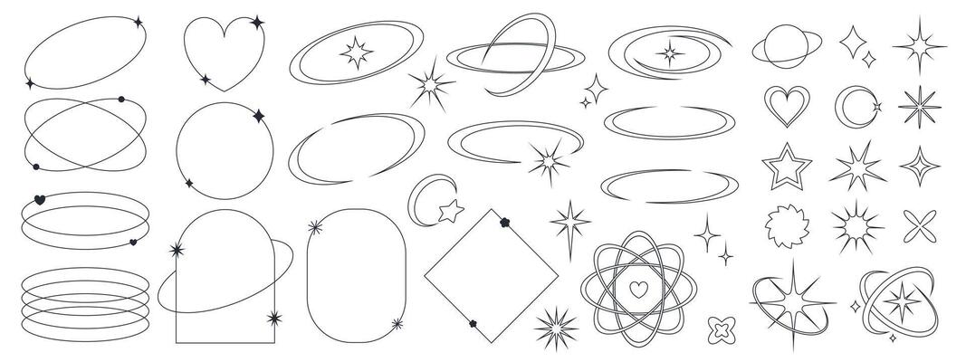 Set of line elements in y2k style. Geometric shapes, linear frames with stars. Vector illustration for social media, banners, poster design.
