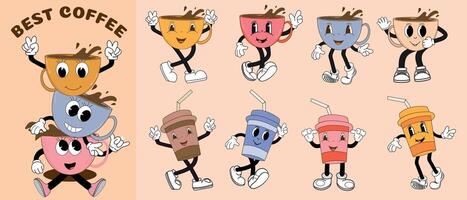 A groovy retro set with a coffee mascot, funny coffee cups with different facial expressions and poses. Funny colorful characters in doodle style, cocoa, latte, espresso and americano. Vector. vector