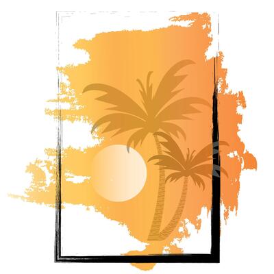 Palm tree against the background of sunset. Tropical seascape with setting sun. Vector illustration.