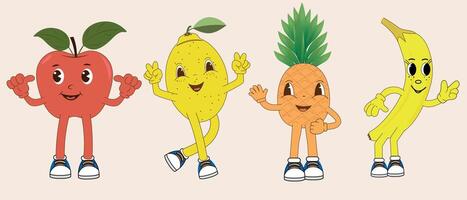 Set of funny retro cartoon fruit characters in different poses and emotions. Apple, banana, lemon, pineapple. Smiling fruit mascot vector illustration.