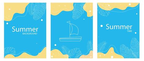 Vector summer templates for cards and posters with beach, ocean, blue sky and boat. Sea concept.