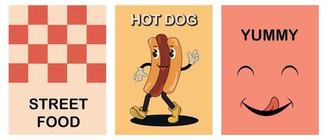 Set of retro cartoon funny posters with cute hot dog character. Fast food concept. Vintage street illustration of hot dog mascot for cafeteria. Nostalgia for the 60s, 70s, 80s. vector