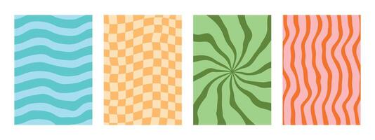 4 groovy Y2K retro patterns with a psychedelic twist. Vector wavy background featuring a cute, distorted grid.