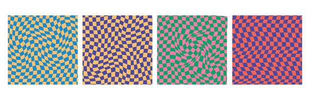 4 Groovy checkered psychedelic seamless patterns. Checkerboard. Funky hippie fashion print, retro background. Y2k aesthetic. vector