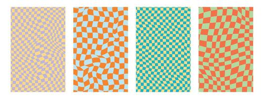 4 wavy psychedelic checker pattern. Retro funky y2k design. Vector illustration in green and orange
