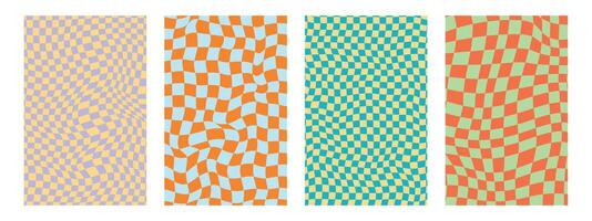 4 wavy psychedelic checker pattern. Retro funky y2k design. Vector illustration in green and orange