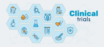 clínico estudios, ensayos, experimentos concepto en azul y naranja color en un antecedentes de hexágonos o panal. línea íconos en el tema de medicamento. vector