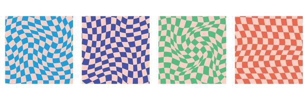 4 Y2K groovy patterns. Retro with a psychedelic twist. Vector wavy background featuring a cute, distorted grid.