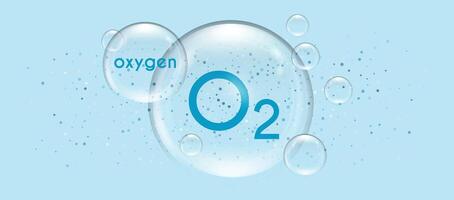 oxígeno molécula en un transparente 3d burbuja. limpiar agua y aire icono. o2 químico elemento. vector ilustración en azul antecedentes