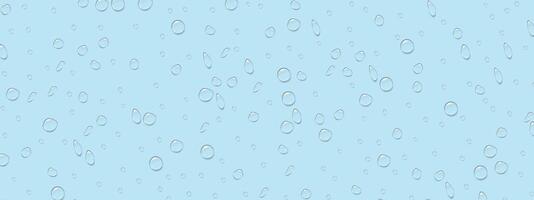 Rain splatters on the blue glass. A drop of water. Dew drops. Vector background