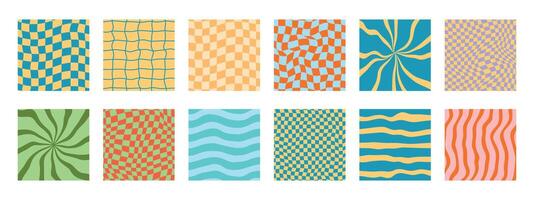 12 funky psychedelic retro patterns. y2k groovy checkerboard. Vector wavy cute background with distorted grid