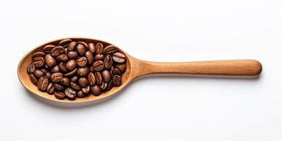 ai generado asado café semillas montón en de madera cuchara en blanco antecedentes. parte superior ver de marrón café frijoles montón. energía natural beber. foto