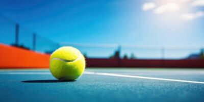 AI Generated Blue Tennis Court With Yellow Tennis Ball Closeup. Sports Game Match At Sunny Day, Blue Sky On Background photo