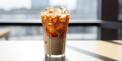 AI Generated Ice Coffee In Tall Glass. Cold Cappuccino With Ice Cubes. Iced Drink On Blur Background. Cool Latte On Table. photo