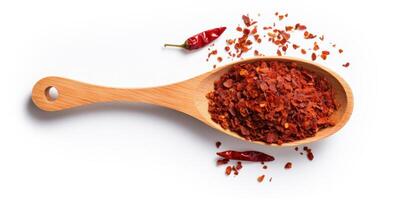 AI Generated Pile Of Spice Chili Flakes In Wooden Spoon With Ripe Red Peppers. Dry Cooking Seasoning. Top View Of Hot Organic Condiment On White Background. photo