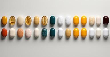 AI Generated Colorful Pills In Row. Medication, Vitamins, Capsules. Pharmacy and Health Care Concept photo