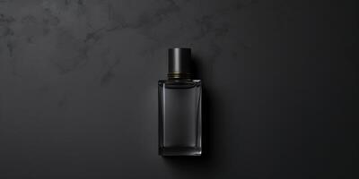 AI Generated Perfume In Transparent Glass Bottle On Black Background. Spray Perfumery. Luxury Fragrance Container. Men Cologne. Top View, Closeup. photo