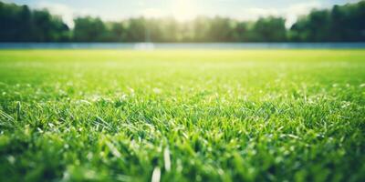 ai generado verde césped en un campo con iluminado por el sol Fresco y un claro cielo. panorámico ver de fútbol campo estadio. generativo ai foto