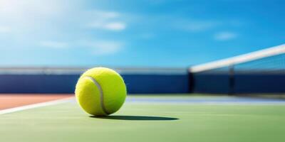 AI Generated Tennis Court With Yellow Tennis Ball Closeup. Competitive Sport Game, Blue Sky On Background. Training, Match, Competition photo