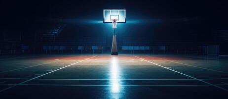 AI Generated Basketball Hoop in Indoor Arena at Night. Dark Stadium For Team Sport Game. Generative AI photo