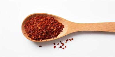 AI Generated Spice Chili Pile In Wooden Spoon On White Background. Top View Of Red Pepper, Organic Dry Seasoning. Spicy Condiment photo