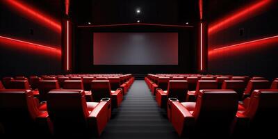 AI Generated Empty Modern Cinema Room with Red Seats and Neon Lights On Walls. Viewed Over Screen. Generative AI photo