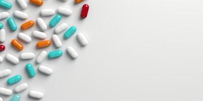 AI Generated Pill Composition Background. Top View Of Capsules, Tablets with Copy Space. Health Concept, Pharmacy and Medical Treatment photo