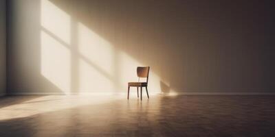 AI Generated Single Chair In Empty Room, Sun Light From Window. Wooden Furniture. Minimal Interior, Loneliness Concept. Generative AI photo