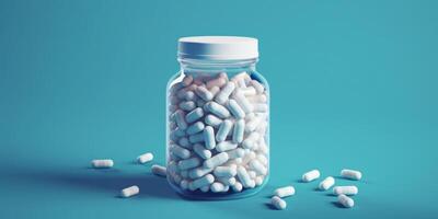 AI Generated White Pills In Glass Jar, Weight Loss Supplement. Transparent Bottle Of Capsules. Medicine and Health. Drug Addiction Concept photo