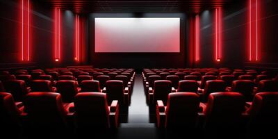 AI Generated Modern Cinema Room with Red Seats and Ambient Side Lighting. Empty Movie Room with Wide screen. Viewed Over Screen. Generative AI photo