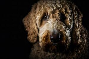 ai generado dorado labradoodle perro en un negro antecedentes. neural red ai generado foto