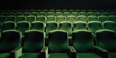 AI Generated Row of Vintage Green Theatre Seat in an Empty Venue. Retro Green Chairs of Cinema in Row. Front View. Generative AI photo