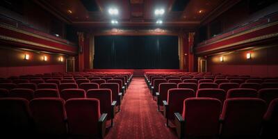 ai generado rojo teatro asientos y negro cortina en opulento cine. visto terminado escenario. generativo ai foto