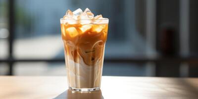 AI Generated Iced Coffee In Tall Glass With Iced Cubes. Cold Caffeine Delicious Drink. Cool Cappuccino Or Latte On Table. Refreshing Beverage. photo