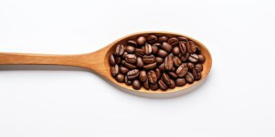 AI Generated Roasted Brown Coffee Seeds In Wooden Spoon On White Background. Morning Energy Natural Drink. Top View Of Coffee Beans Heap. photo