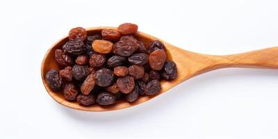 AI Generated Dry Fruit, Raisin Pile In Wooden Spoon On White Background. Dried Grape Heap. Top View Closeup Of Organic Healthy Eating. photo