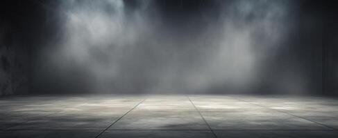 AI Generated Smoke In Dark Concrete Room. Empty Stage With Fog And Mysterious Light. Cement Background, Studio Space photo