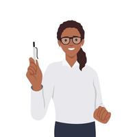 Happy woman in glasses holding large notepad in hands and with smile making note or plan for day. vector