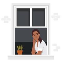 Female black character looking outside window during coronavirus outbreak quarantine. Boredom and sadness at home. isolation of woman. Lady watching streets vector