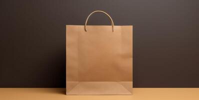 AI Generated Blank Brown Paper Bag. Eco-Friendly Kraft Package. Handle Retail Shopping Pack For Marketing Promotion photo