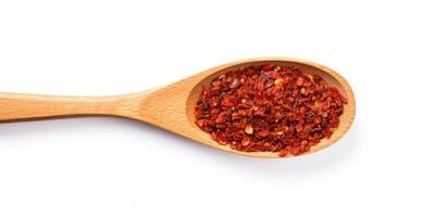 AI Generated Heap Of Ground Paprika In Wooden Spoon On White Background. Pile Of Spice Red Pepper Flakes. Top View Of Spicy Chili, Hot Organic Condiment photo