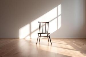 AI Generated Wooden Chair In Empty Room On Wood Floor. Loneliness Concept. Sun Light From Window In Studio. Minimal Interior. Generative AI photo