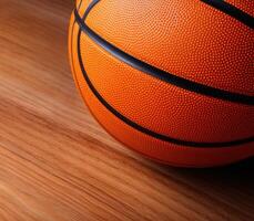 AI Generated Textured Orange Basketball on Wooden Court Floor. Play Sports Game. Generative AI photo