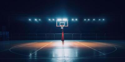 AI Generated Basketball Hoop in an Empty Indoor Dark Arena. Sport Game Stadium. Generative AI photo