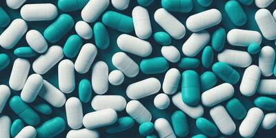 AI Generated Heap Of White And Green Capsules. Top View Of Pills Pile. Pharmaceutical Background photo