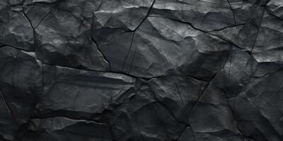 AI Generated Black Cracked Stone Background. Rough Surface Fractured Texture. Concrete Broken Wall photo