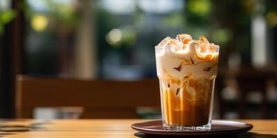 ai generado con hielo café vaso. hielo refrescante beber. frío capuchino, americano con leche, latté, plano blanco. frio cafeína bebida. foto