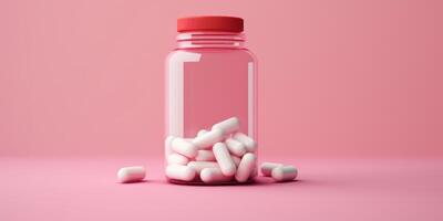 AI Generated Pills Glass Bottle On Pink Backgroud. Vitamin Supplement. Plastic Transparent Jar Of White Capsules. Weight Loss Medications photo