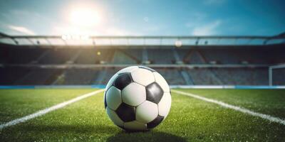 AI Generated Soccer Ball on Pitch with Stadium Seats and Football Goal in Background. Stadium Atmosphere with Soccer Ball on Green Field. Generative AI photo