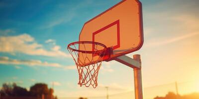 AI Generated Basketball Hoop With Golden Sky at Sunset Background. Street Ball, Outdoor Game. Generative AI photo